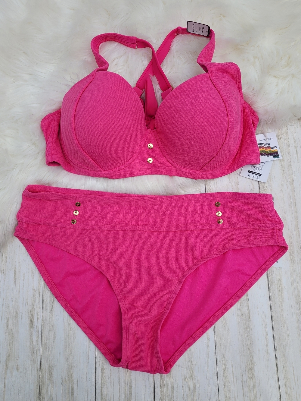 Time and Tru 2X Textured Swimsuit Bikini Top & Mid Rise Bottom Shocking Pink